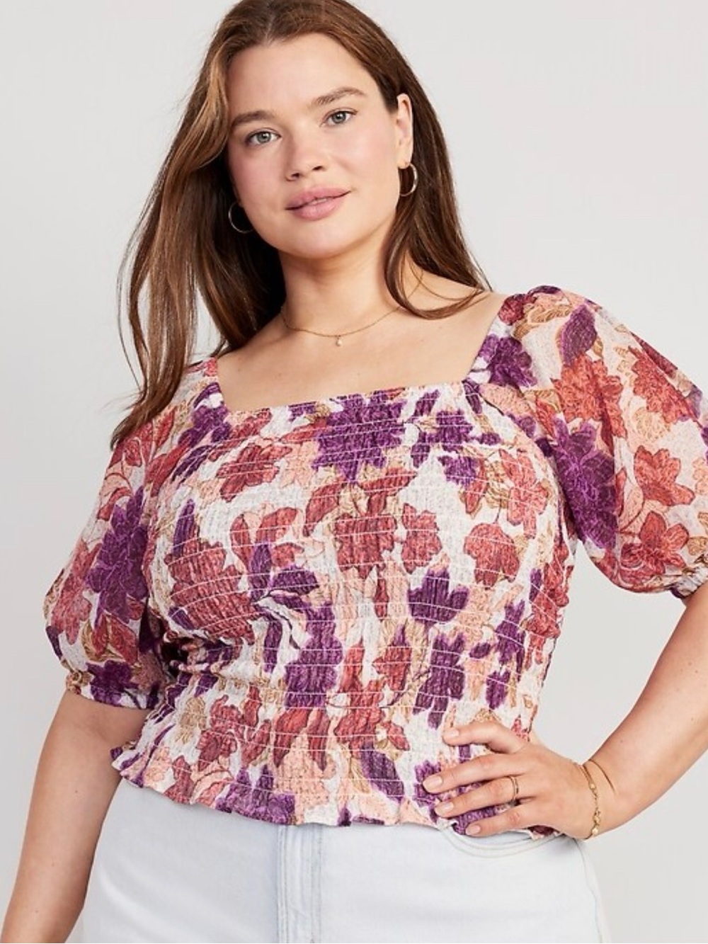 Old Navy Purple Orange Boho Smocked Milkmaid Puff Sheer Sleeve Fitted Top XL